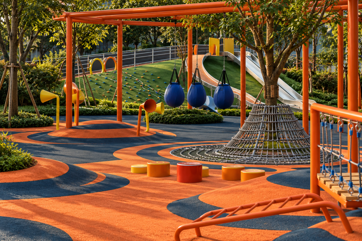 parque infantil moderno entre árboles